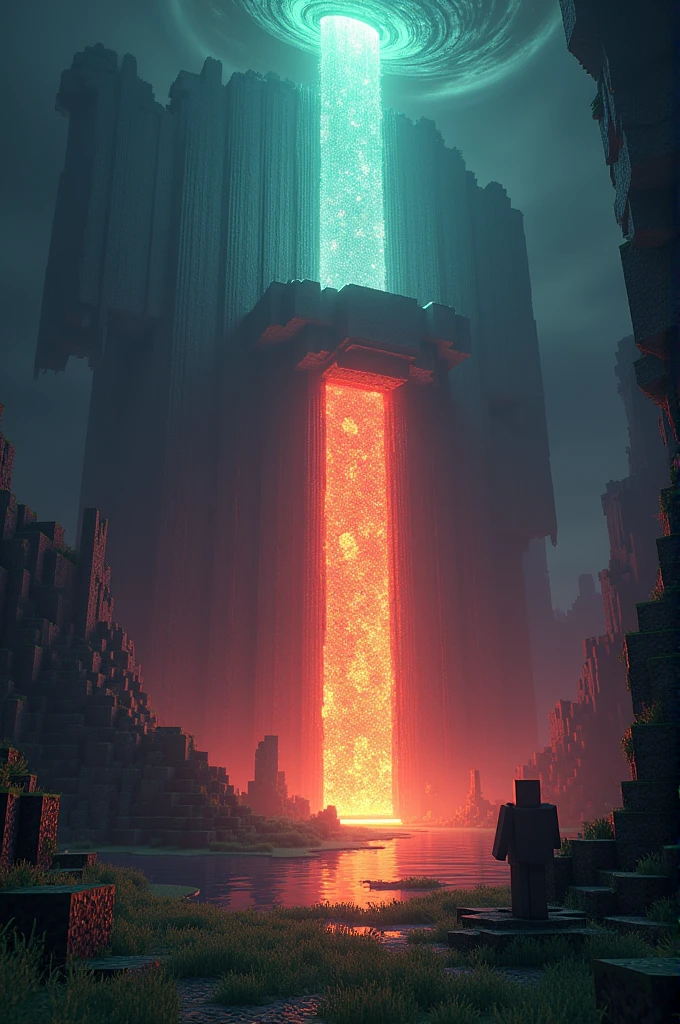 Minecraft end dimension with a nether portal where we can see the nether inside and a portal up sky where we can see the over world