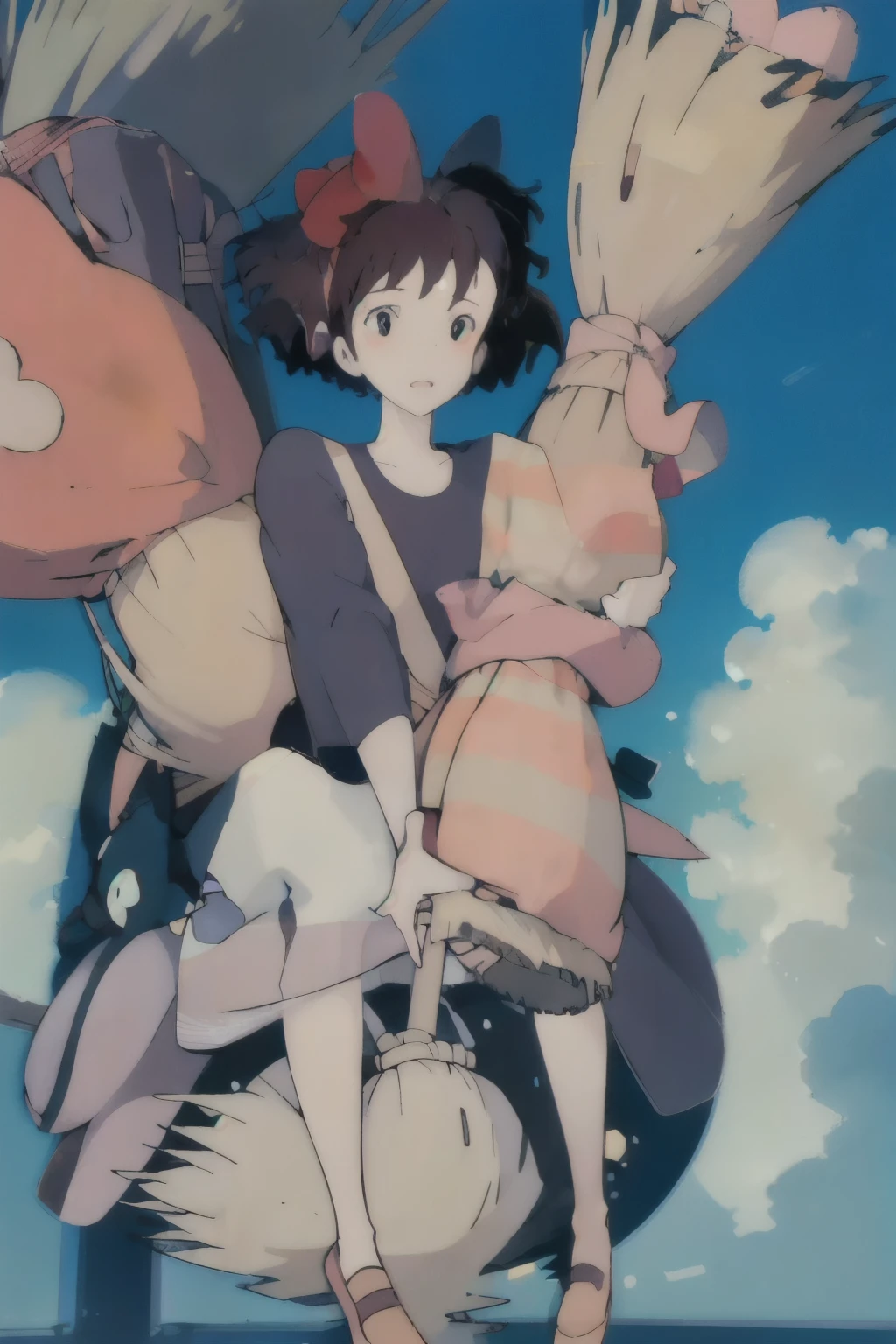 (masterpiece:1.4), (best quality:1.4), (high resolution:1.4),girl, kiki riding a broom flying in the sky,cloud, black robe, red hair bow, shoulder bag,