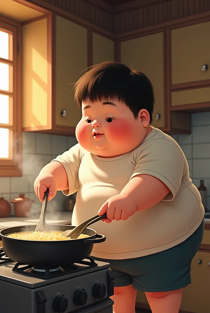 The fat kid is boiling tofu pudding.