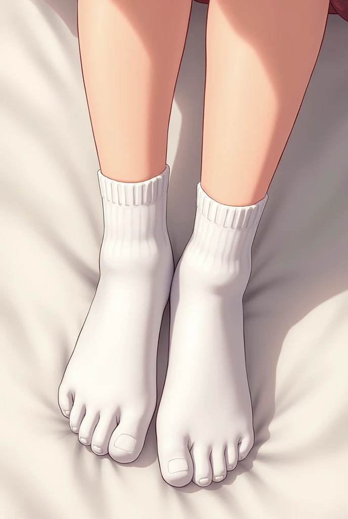Anime wearing white cotton socks showing the soles of the feet