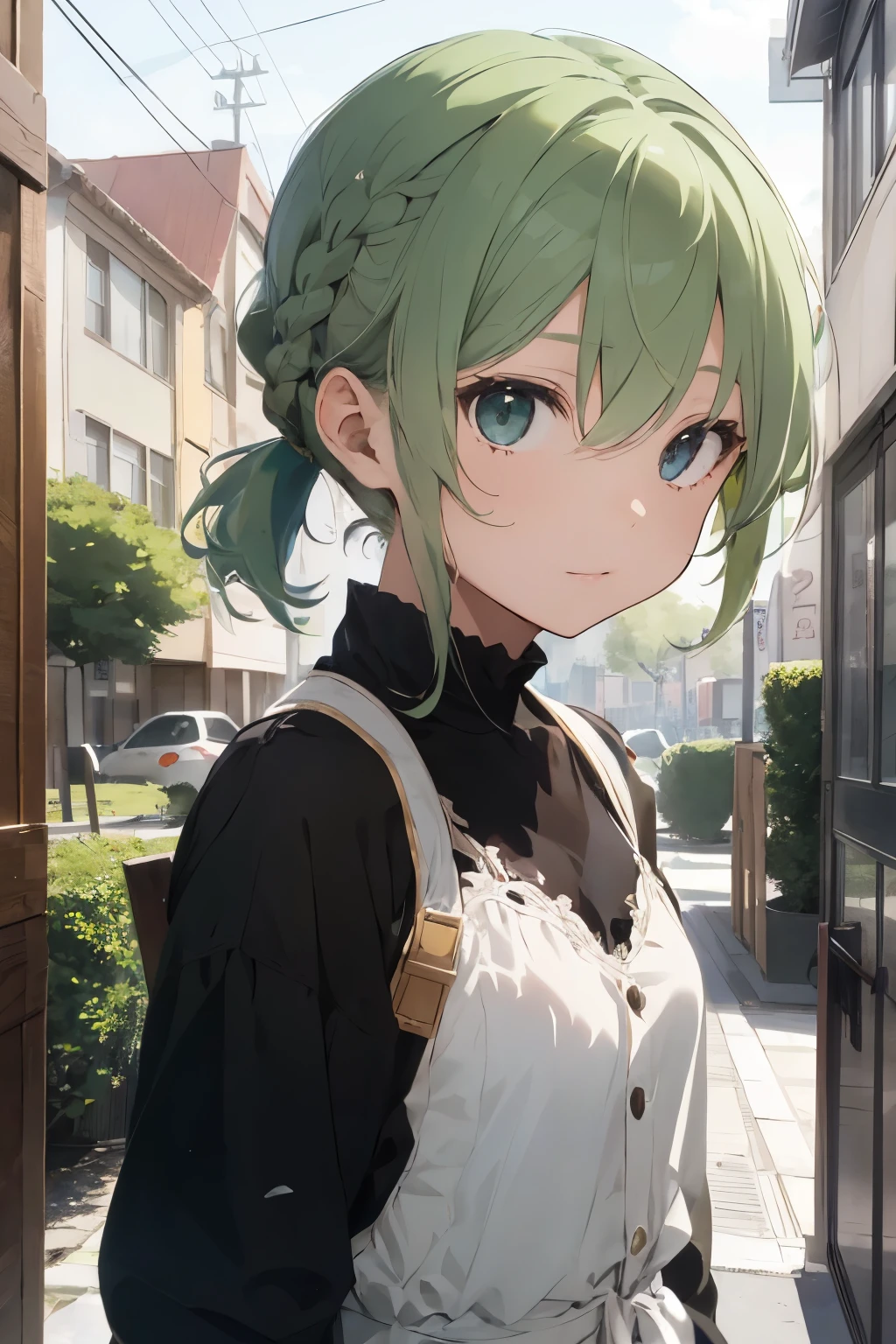 {{{art of light novel,}}},{child }, light green hair, short hair, braided ponytail, no bangs, dyed ahoge, {black eyes}, small breasts,{{{masterpiece}}},best quality,Amazing,finely detail,solo,{{floating hair}},detailed background,beautiful detailed eyes