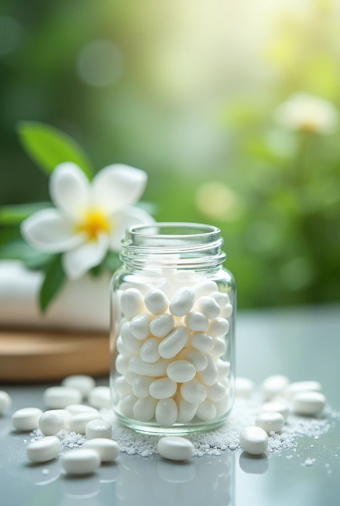 Photos of white capsules inside a small jar. Capsule sizes that can dissolve in shampoo and a nature vibe background
