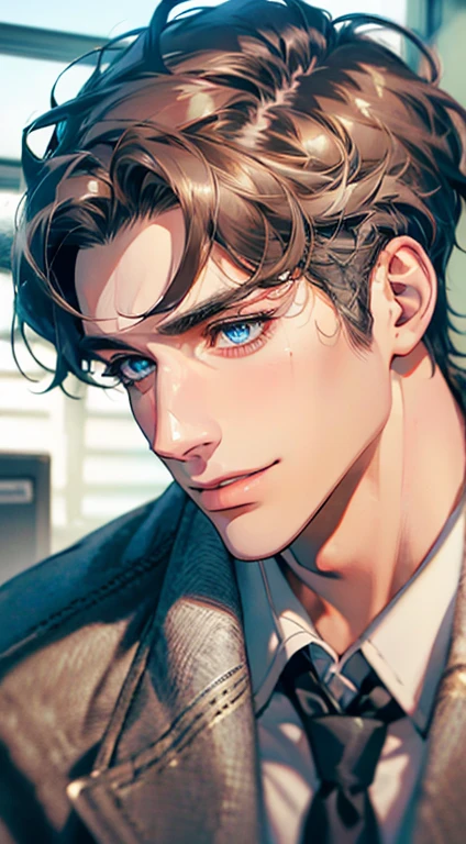 (Highest quality,4K,8K,High resolution,masterpiece:1.2),Super detailed,(Realistic,photoRealistic,photo-Realistic:1.37),1 person,31 years old,Mature Men,Beautiful skin、Profile、very handsome,Expressionless,smile,Short gray dark hair,blue eyes,Sharp Eyes,A perfect face without a doubt,Businessman,Office Background,Cinema Lighting,HDR image,tie、