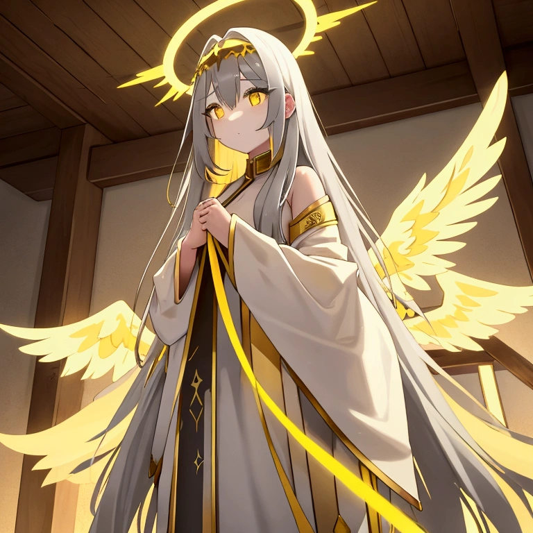 solo, female, long gold hair, yellow wings, angel, yellow-gray skin, glowing halo, glowing hair, village, tall woman, naked
