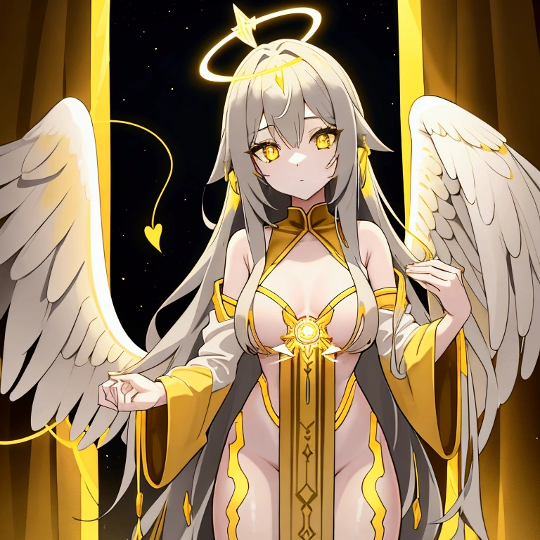 solo, female, long gold hair, yellow wings, angel, yellow-gray skin, glowing halo, glowing hair, village, tall woman,