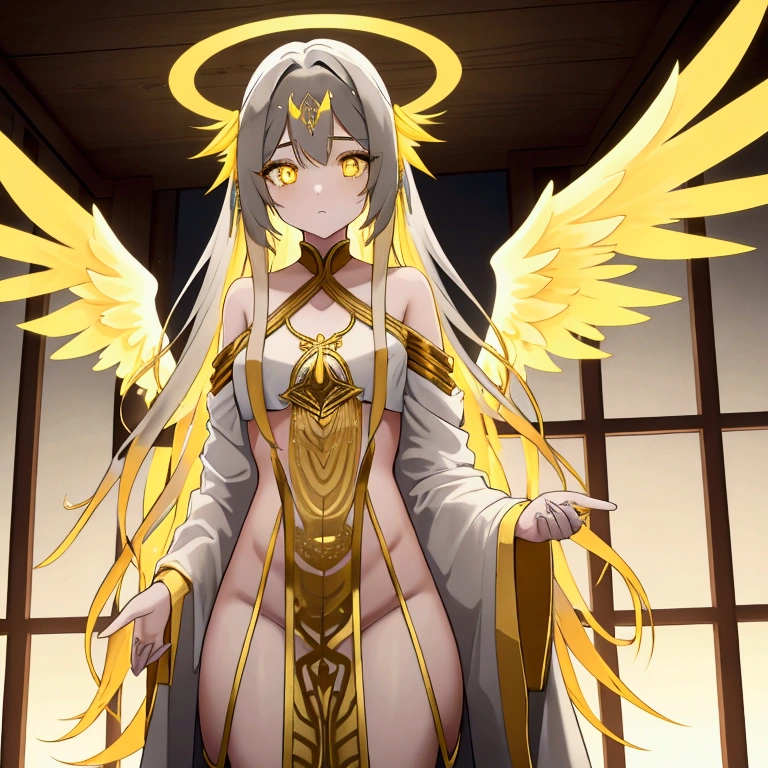 solo, female, long gold hair, yellow wings, angel, yellow-gray skin, glowing halo, glowing hair, village, tall woman, naked