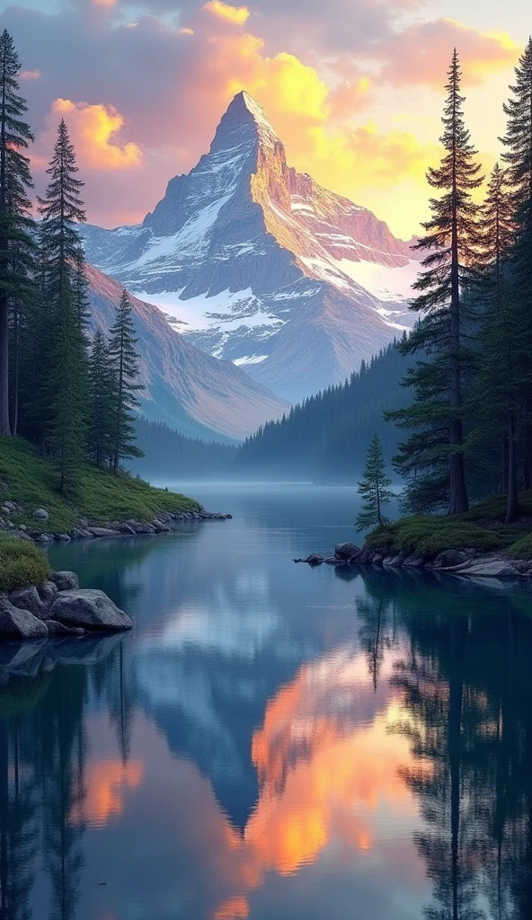 A serene mountain landscape unfolds before us, as snow-capped peaks meet tranquil water's edge. Evergreen trees stand sentinel, their sturdy forms reflected in the glassy surface. Warm hues of sunrise/sunset dance across the sky, bathing the scene in gentle light. Framed by majestic mountains, the composition whispers peaceful reverence for nature's majesty.