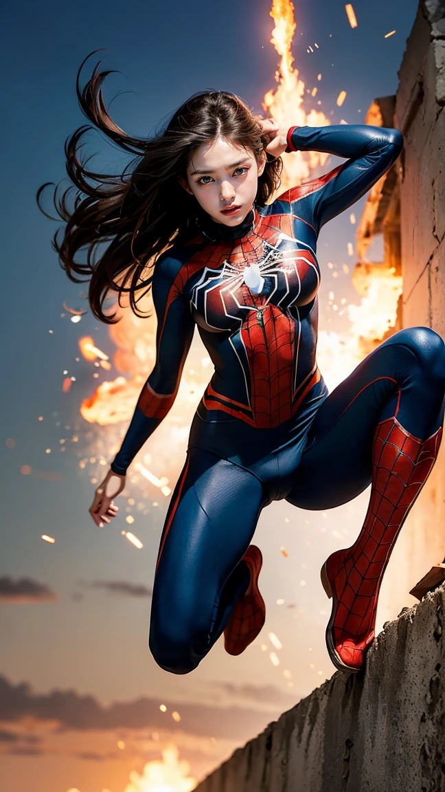 Female Spider-Man Dodging Explosions: The female Spider-Man leaps gracefully through the air, avoiding a series of explosions behind her. Her suit clings to her athletic form as she twists in a somersault, her agility and speed evident in every motion. The fiery backdrop adds intensity to the scene, showcasing her quick reflexes and battle readiness. (having beautiful breasts: 1.33), (having clothes: 1.77).