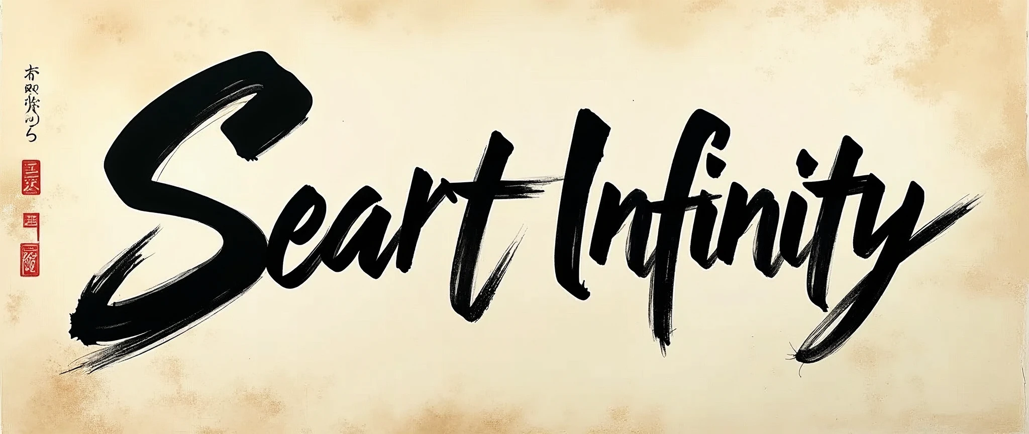 Japanese paper,"Seart Infinity"Write the English letters,Realistic,calligraphy,One stroke,Expressing blurring and bleeding,dynamic