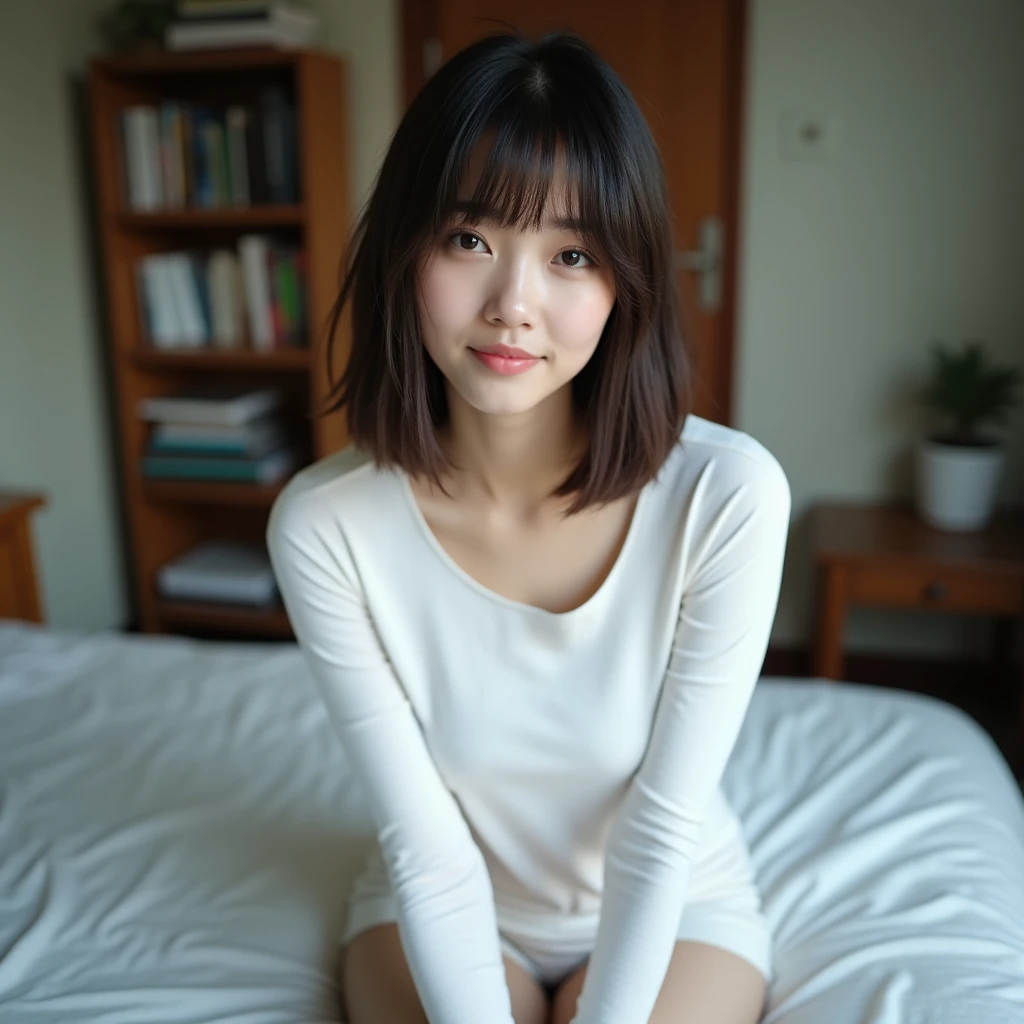 Medium hair woman、The hair is straight and dark brown.、Gentle expression looking straight at the camera、Sitting on the bed、Leaning slightly forward towards the camera、a thin white long-sleeved T-shirt、a tight fit is emphasized、indoor、Behind her is a bookshelf、table、I can see the door、part of a living space、indoorの明るい照明で、a slightly cool tone of light、a quiet and private space、Calm atmosphere、Short bangs、Young Japanese、round face、Chubby body type、Bust is emphasized
