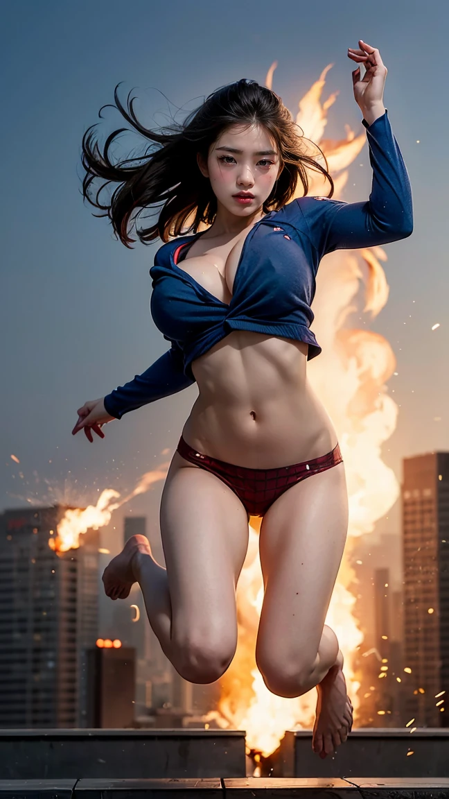 Female Spider-Man Dodging Explosions: The female Spider-Man leaps gracefully through the air, avoiding a series of explosions behind her. Her suit clings to her athletic form as she twists in a somersault, her agility and speed evident in every motion. The fiery backdrop adds intensity to the scene, showcasing her quick reflexes and battle readiness. (having beautiful breasts: 1.33), (no having clothes: 1.77).