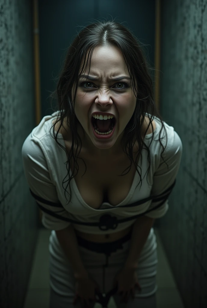 A woman trapped in a straitjacket, desperate expression, dramatic lighting, claustrophobic atmosphere.