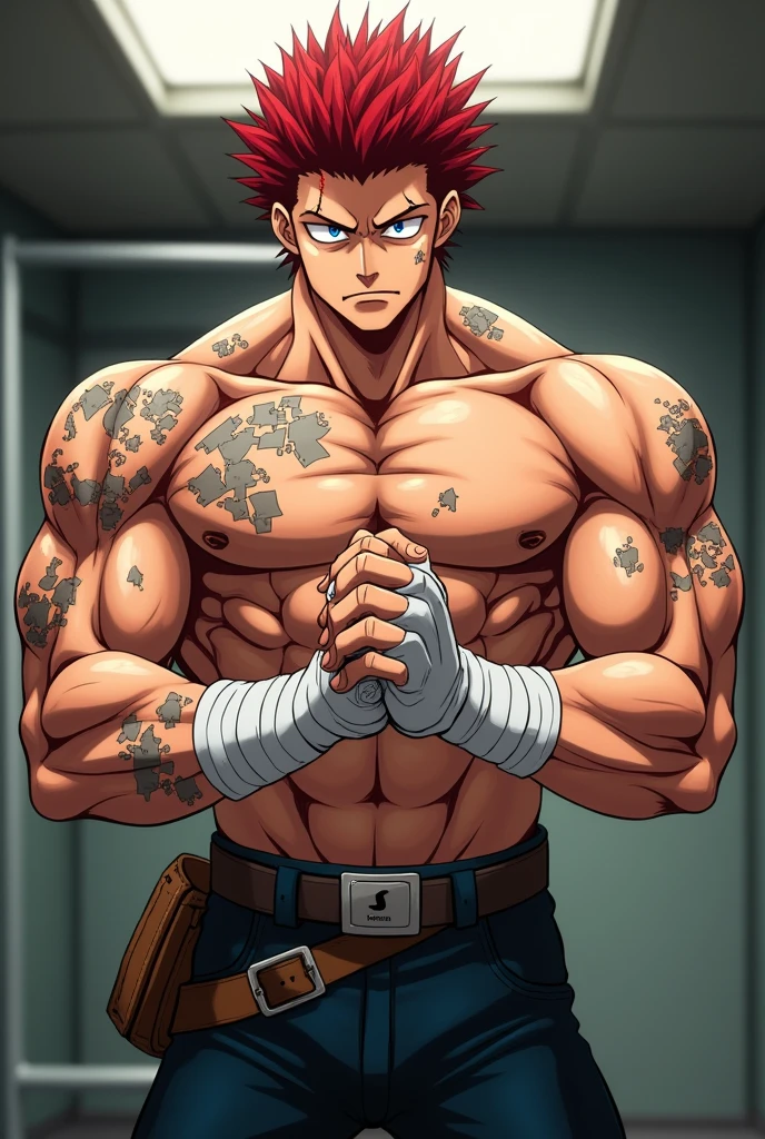 (anime) Enji Todoroki from My Hero Academia, shirtless and bandaging a hand, sweating after a workout. He has a serious expression, and his scars on his arms, chest, and abdomen are visible.