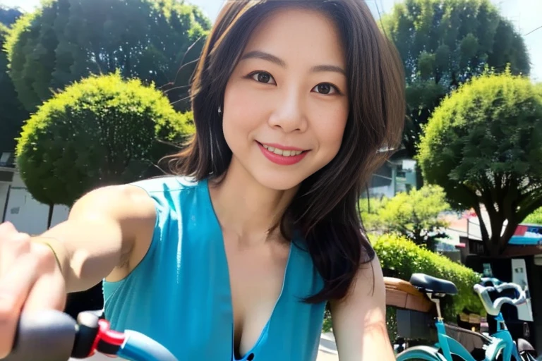 8k, RAW Portrait、1 female、 (Japanese women:1.6),masterpiece, (Realistic:1.2), Realistic, Super High Resolution, Highest quality, Photos in motion , Japanese women, 50-year-old married woman, skirt, ((ride a bicycle:1.5)), ((Get on a bicycle:1.6)), ((While riding a bicycle:1.5)),(Camera angle from below and to the side:1.5), bent one knee, (Beautiful and slim legs:1.5), Fast and Furious Explained、I am driving along the coast.、A sense of speed、Casual clothing、Short sleeve、Short sleeve、((Dark green dress:1.2))、Beautiful wife、(((whole body:1.5)))、Beautiful cleavage、(Viridian loose-fitting dress:1.5)、(Riding a bicycle:1.5)、((skirtが風で捲れてふとももが丸見え:1.5))、((Detailed description of a bicycle))、mountain bike、(Front view from below:1.5)、Keep your eyes on the road