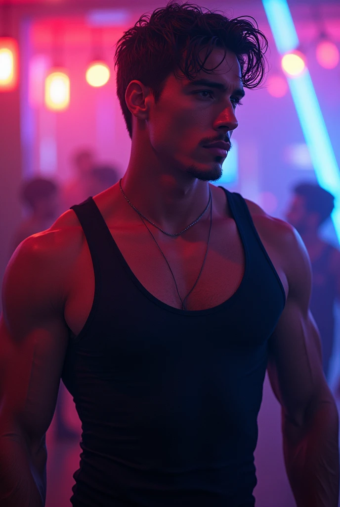 Sett, a character from the game League of Legends, in a sparkling nightclub, wearing a tight, low-cut tank top, with a close-up on the seductive lines of his chest and the neon lights reflecting on his body, highlighting its charm and the vibe of the night.