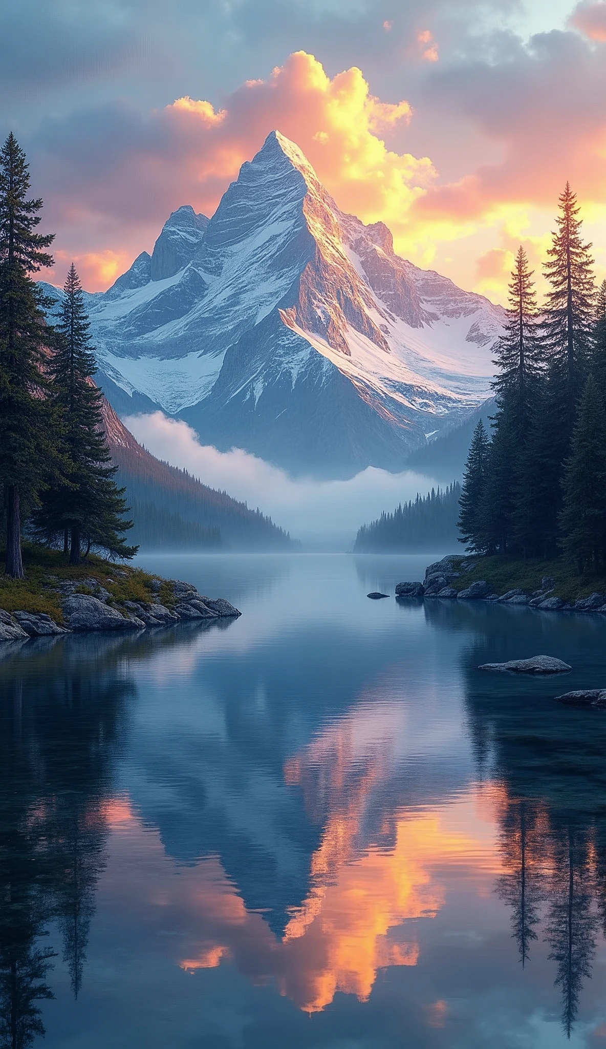 A serene mountain landscape unfolds before us, as snow-capped peaks meet tranquil water's edge. Evergreen trees stand sentinel, their sturdy forms reflected in the glassy surface. Warm hues of sunrise/sunset dance across the sky, bathing the scene in gentle light. Framed by majestic mountains, the composition whispers peaceful reverence for nature's majesty.
