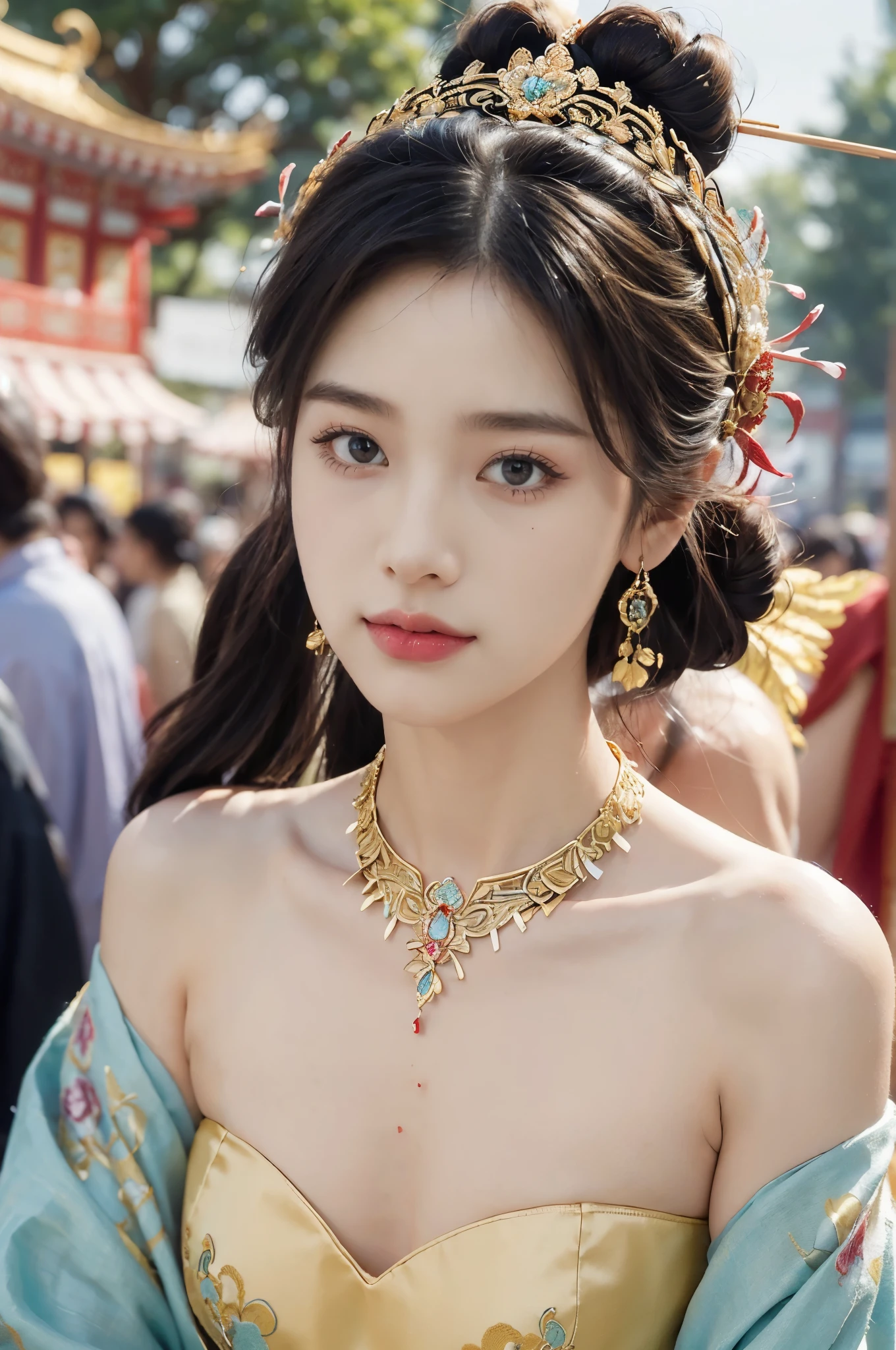(((best quality))),(((ultra detailed))),(((masterpiece))),illustration, ((1 beautiful young girl,solo)),(bun hair:1.2)((slim,thin)),((small breasts,flat chest)),attractive, traditional Chinese attire,(Gorgeous and intricate headdress:1.3),((earrings,intricate necklace)),(strapless Exquisite embroidered sparkled bra:1.3),vibrant patterns, radiant complexion, joyful expression,(temple fair:1.3), bustling atmosphere, summer afternoon, sunny weather, cultural festival, street food, roasted skewers, steaming dumplings, sweet cotton candy, stalls, crafts, clothing, appreciative onlookers, sunset, ancient tradition, modern beauty, captivating scene, enchanting,(day scene:1.2),(surrounded by crowded crowds:1.3),((from front,close-up of face))