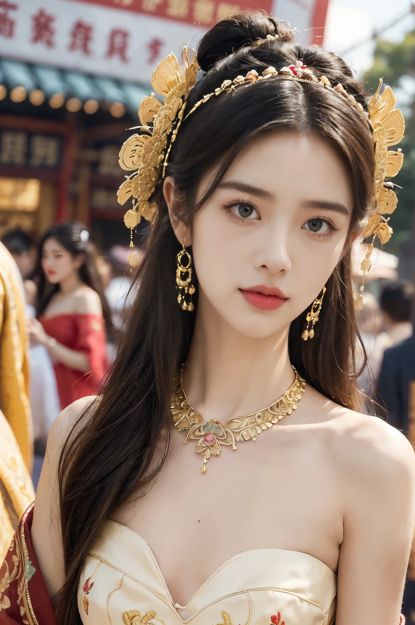 (((best quality))),(((ultra detailed))),(((masterpiece))),illustration, ((1 beautiful young girl,solo)),(bun hair:1.2)((slim,thin)),((small breasts,flat chest)),attractive, traditional Chinese attire,(Gorgeous and intricate headdress:1.3),((earrings,intricate necklace)),(strapless Exquisite embroidered sparkled bra:1.3),vibrant patterns, radiant complexion, joyful expression,(temple fair:1.3), bustling atmosphere, summer afternoon, sunny weather, cultural festival, street food, roasted skewers, steaming dumplings, sweet cotton candy, stalls, crafts, clothing, appreciative onlookers, sunset, ancient tradition, modern beauty, captivating scene, enchanting,(day scene:1.2),(surrounded by crowded crowds:1.3),((from front,close-up of face))