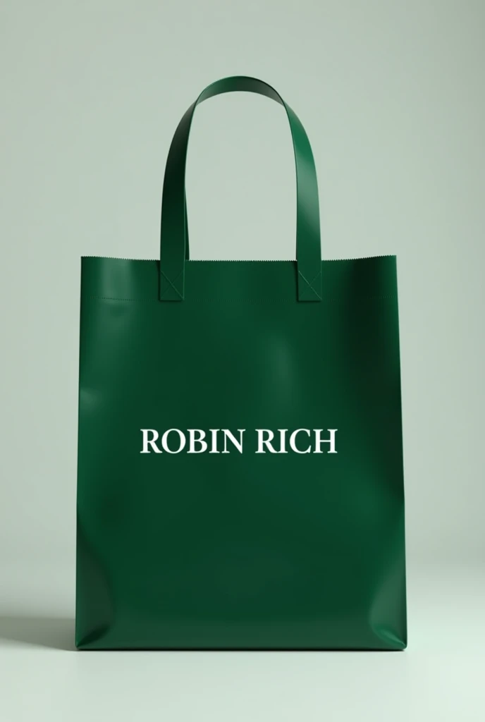 Dark green plastic shopping bag with ROBIN RICH written in white color in a single line in a formal font