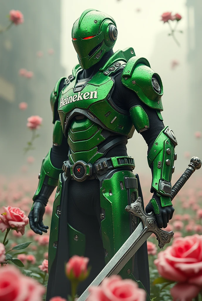 (photorealism:1.2), Heineken armor , Beautiful pink rose with white, sword,battle,
