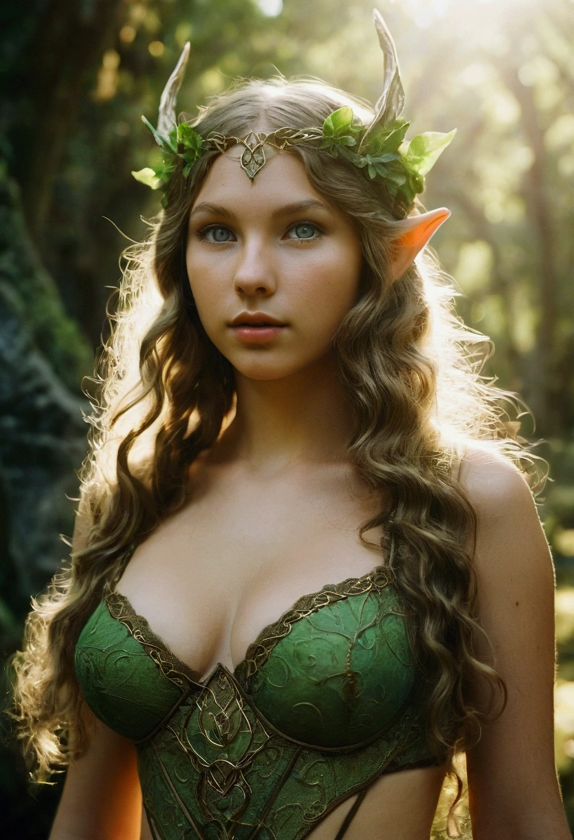 analog film photo, photo of a young elven girl, 18 years old, elf ears, jade eyes, dark, long messy waves, sun-tanned complexion, olive skintone, Amazonian stature, voluptuous hourglass figure, busty bosom, narrow waist, full hips, big plump buttocks, wearing elven lingerie, resembles Taylorr Swift, strolling through a fantasy landscape, RAW Photograph, dslr, soft lighting, high quality, film grain, Fujifilm XT3, detailed skin with visible pores, insane details, masterpiece, 8k, 35mm photograph, dslr, kodachrome, faded film, desaturated, grainy, vintage, Lomography, stained, highly detailed, found footage, close-up shot, elven ears