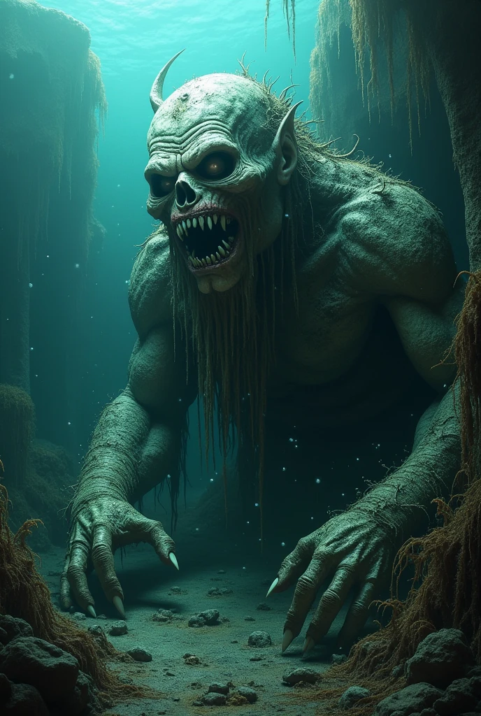 Try this with Infinity model ```A terrifying deep-sea scene featuring a sunken, monstrous statue of an ancient deity. The statue has a grotesque, twisted face with sharp, cracked teeth, and is covered in thick layers of algae and barnacles. Its large, clawed hands reach out menacingly, partially buried in the ocean floor. Surrounding it are the rusted remains of old, decayed machinery and eerie, tangled seaweed. The murky water is filled with shadows, with faint rays of light barely penetrating the gloom. Small water bubbles rise ominously around the statue, while subtle water effects add to the eerie, suffocating atmosphere.```