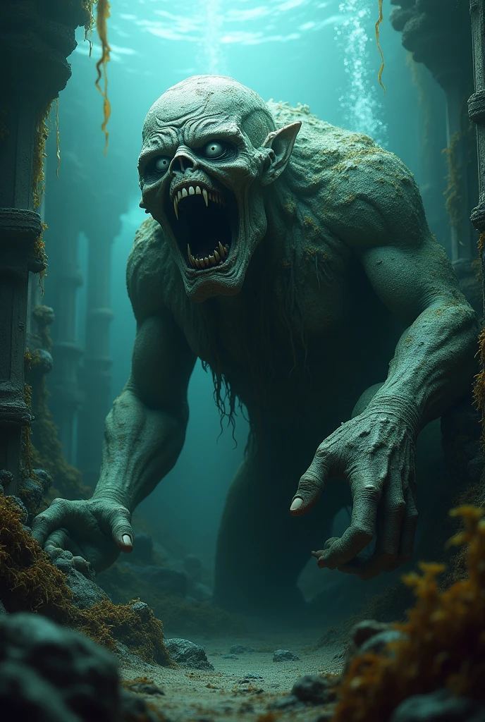 Try this with Infinity model ```A terrifying deep-sea scene featuring a sunken, monstrous statue of an ancient deity. The statue has a grotesque, twisted face with sharp, cracked teeth, and is covered in thick layers of algae and barnacles. Its large, clawed hands reach out menacingly, partially buried in the ocean floor. Surrounding it are the rusted remains of old, decayed machinery and eerie, tangled seaweed. The murky water is filled with shadows, with faint rays of light barely penetrating the gloom. Small water bubbles rise ominously around the statue, while subtle water effects add to the eerie, suffocating atmosphere.```