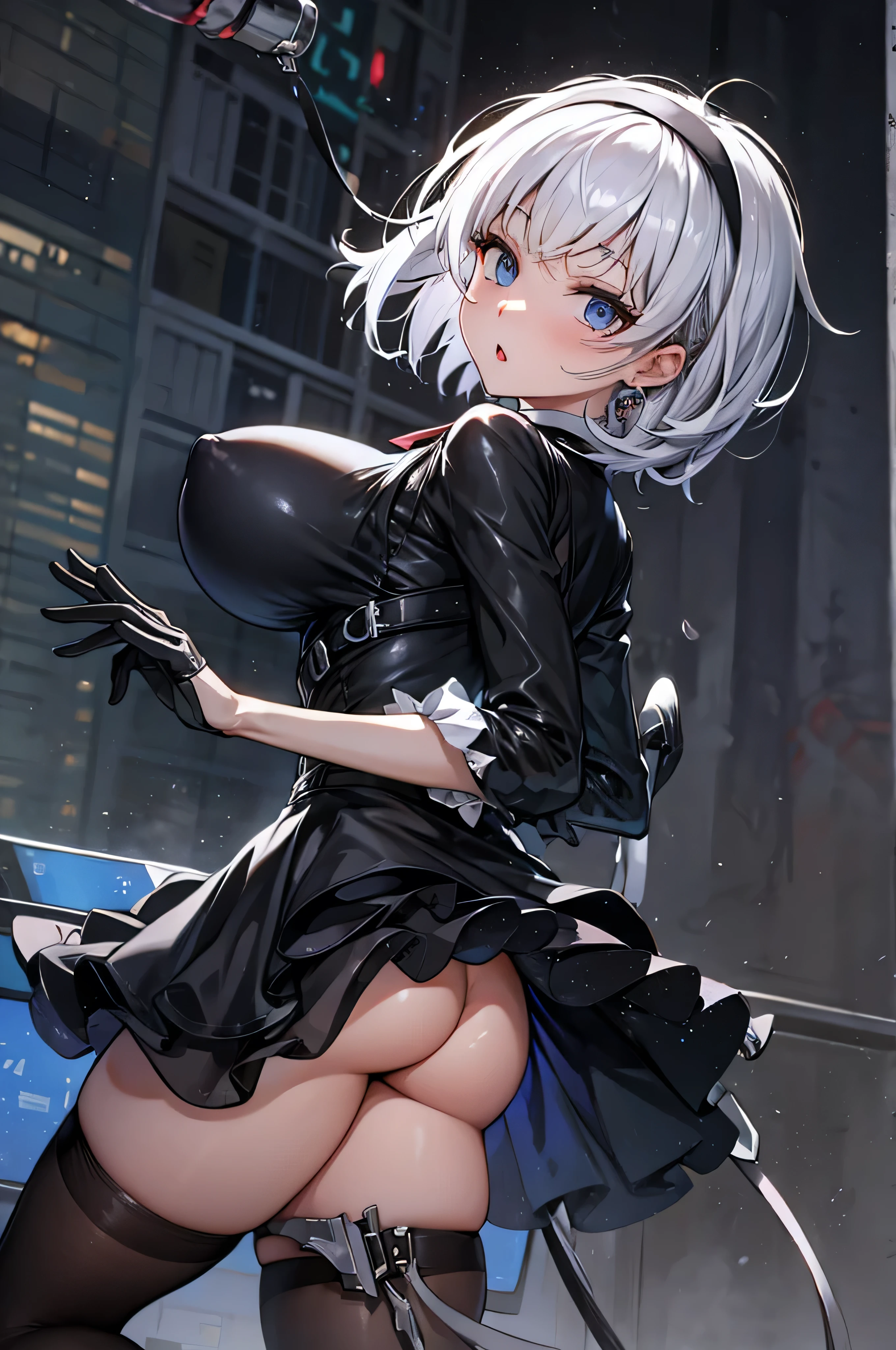 black too short dress, black thighhighs, silver short hair, black hair band, large breasts, too narrow waist, BREAK, swaying back, looking for viewer, BREAK, nsfw, slipping hip, orgasm