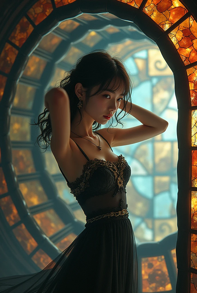 Masterpiece 32K RAW photo with best quality, ultra-detailed and insanely intricate. A dynamic angle captures a mysterious scene with spiral theme, featuring an 18-year-old beautiful Japanese girl with fair skin, kawaii features. She has brown, big eyes, casual wavy medium hair, detailed skin, and wears a detailed dress with intricate fabric, a necklace, and earrings. She looks with her arm up, standing near a spiral staircase surrounded by walls made of stained glass.