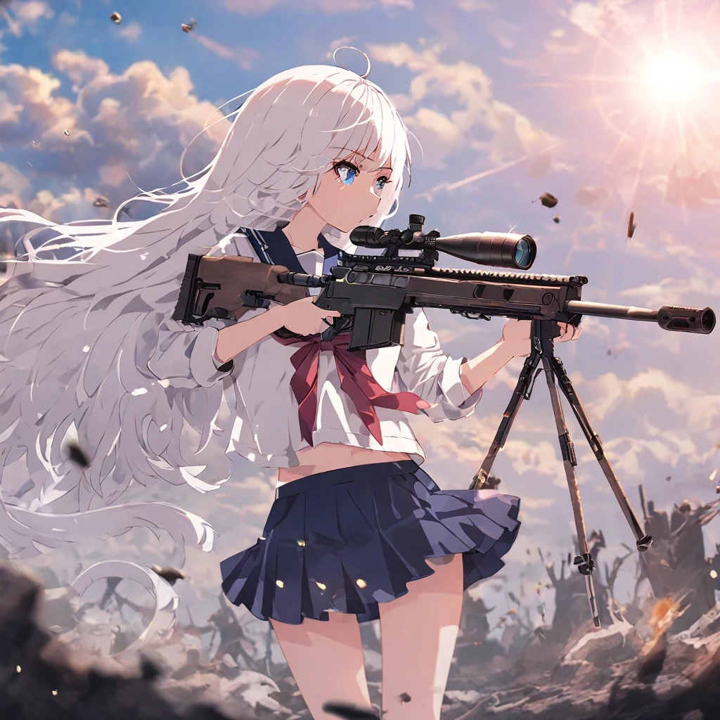 One woman,Sniper,sniper rifle,Barrett M72,A very long barrel. The woman is wearing a sailor uniform.,mini skirt,Blowing in the Wind ((blue eyes,White Hair)) The woman is a survival game avatar,Playing a battle royale,Whole body,Sniping,profile,Filmography,Taking aim, dust swirls.,A little blurry,sunset,sun,wilderness,It's going to be slaughtered