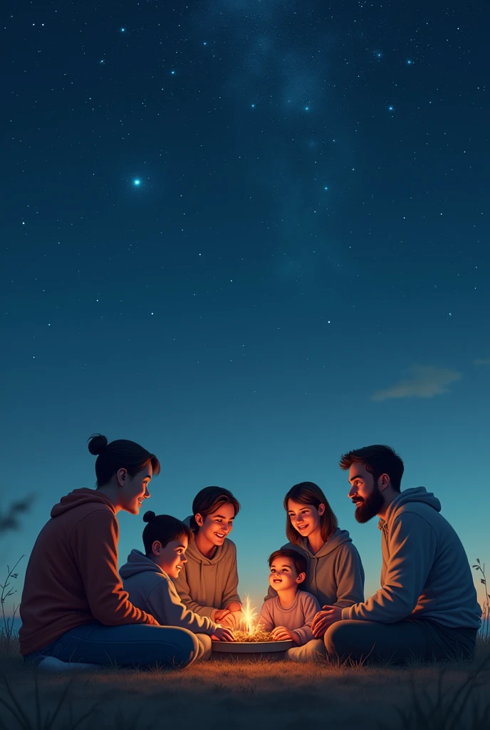 Create a realistic image of a family, They are sitting. This family has 5 adults. 2 men and 3 women. They are sitting talking. The sky is full of stars