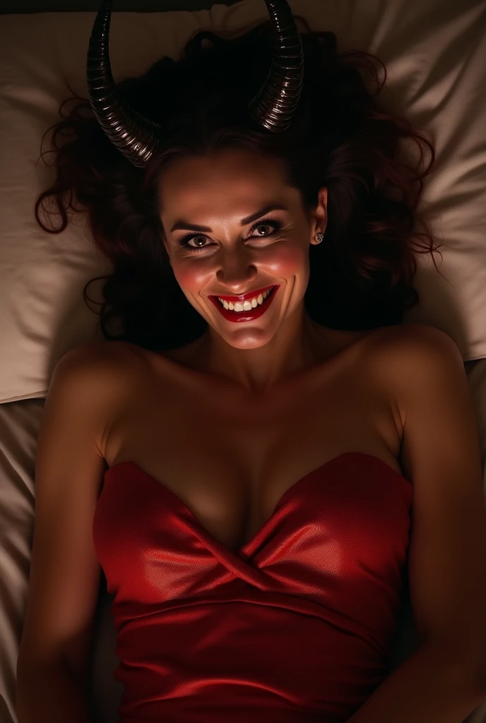 Sigourney weaver, ghostbusters, laying in bed seductively, shiny strapless red dress, bare shoulders, seductive evil eyes, vicious grin, dark demon horns on sides of head