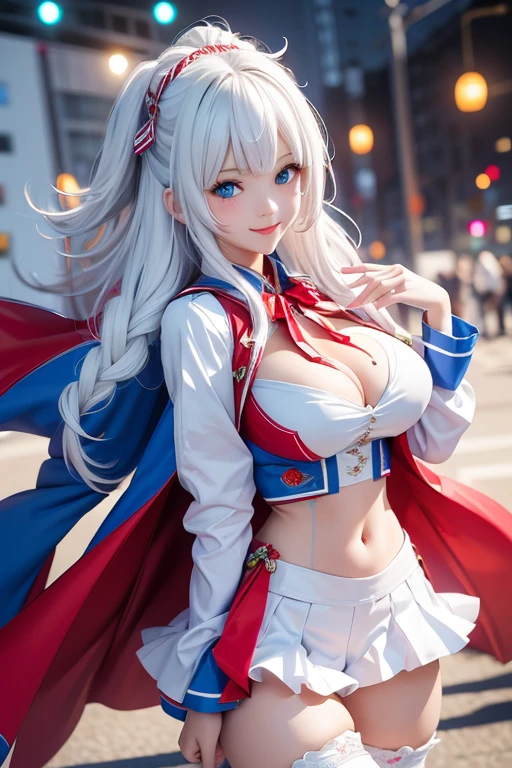 ,colorful,(masterpiece:1,2), Best quality, masterpiece, a high resolution, original, extremely detailed wallpaper, 1 girl ,smile,One, White hair, Blue eyes, original_outfits,Red Cape,White pants, gloves, breast, uniform, large breast