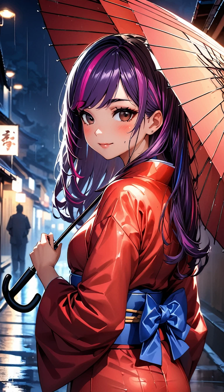 (highest quality:1.2, Very detailed, up to date, Vibrant, Ultra-high resolution, High Contrast, masterpiece:1.2, highest quality, Best aesthetics), Portraiture、girl、((25-years-old:1.7)), (holding up umbrella:1.6), traditional Japanese kimono, long sleeve, red kimono, loose fit, Bright colors、Beautiful fine details、Beautiful lip detail, long hair、black and purple ((streaked hair:1.6)), highlights hair: 1.5, brown eyes, ((slim body:1.4)), (small breast:0.7), (dark skin:0.5), rainy day, rain night, street in Kyoto, wet street, looking back, (cowboy shot),