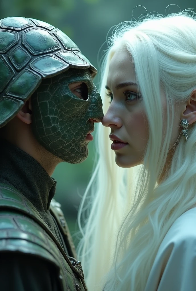 man with turtle mask and a white-haired woman looking into each other's eyes