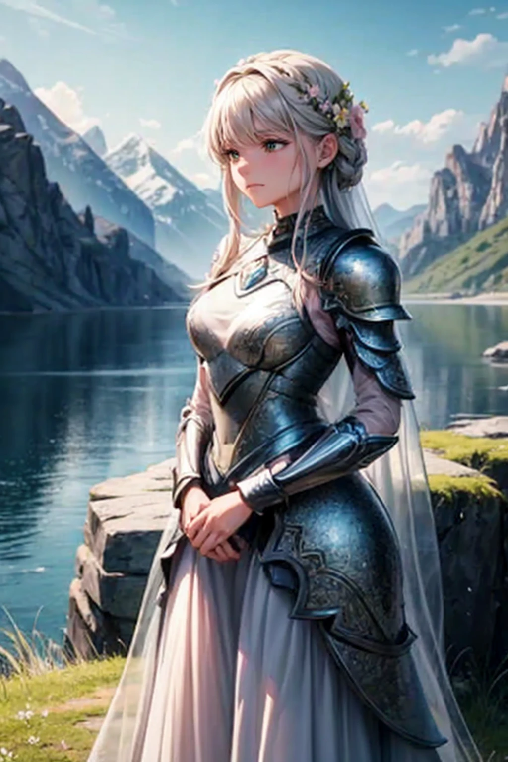 Create an image of a woman who embodies both softness and strength, standing in a field where delicate flowers grow alongside resilient rocks. She should wear a flowing dress that contrasts with light armor, and her expression should be serene yet firm. The background should include mountains and a clear sky, with sunlight highlighting her figure. The color palette should be soft, with shades of green, pink, and gray, and the artistic style should blend realism with fantasy