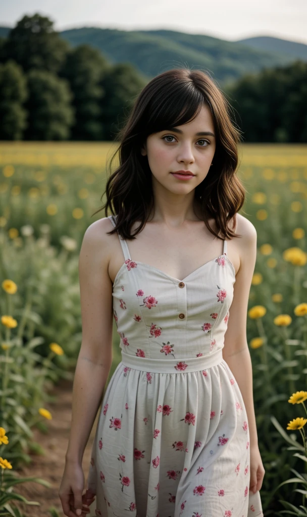 photo of a beautiful 15 year old teen wearing a floral linen hippie dress, (((chubby))), walking in a field of wild flowers, (freckles:0.8), looking at viewer, (medium shot, upper body:1.3), natural sun light, 8k uhd, dslr, soft lighting, high quality, film grain, Fujifilm XT3 sharp focus, f 5.6,  intricate, high detail, sharp focus, Zooey deschanel 