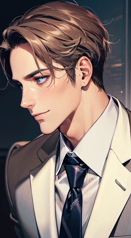 (Highest quality,4K,8K,High resolution,masterpiece:1.2),Super detailed,(Realistic,photoRealistic,photo-Realistic:1.37),1 person,31 years old,Mature Men,Beautiful skin、Profile、very handsome,Expressionless,smile,Short gray dark hair,blue eyes,Sharp Eyes,A perfect face without a doubt,Businessman,Office Background,Cinema Lighting,HDR image,tie、