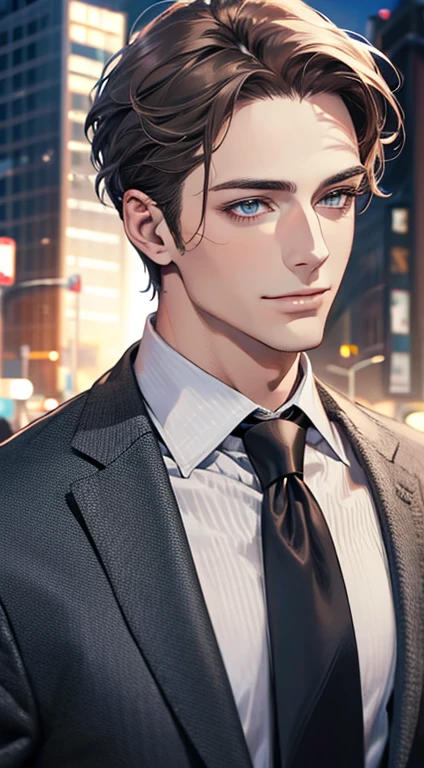 (Highest quality,4K,8K,High resolution,masterpiece:1.2),Super detailed,(Realistic,photoRealistic,photo-Realistic:1.37),1 person,31 years old,Mature Men,Beautiful skin、Profile、very handsome,Expressionless,smile,Short gray dark hair,blue eyes,Sharp Eyes,A perfect face without a doubt,Businessman,Office Background,Cinema Lighting,HDR image,tie、