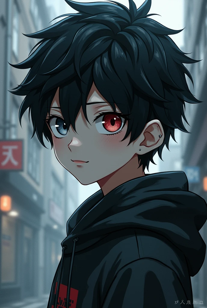 My hero academia

Chico,low, black and white hair, pale skin,heterochromia red and gray eye, hoodie ,lip piercing