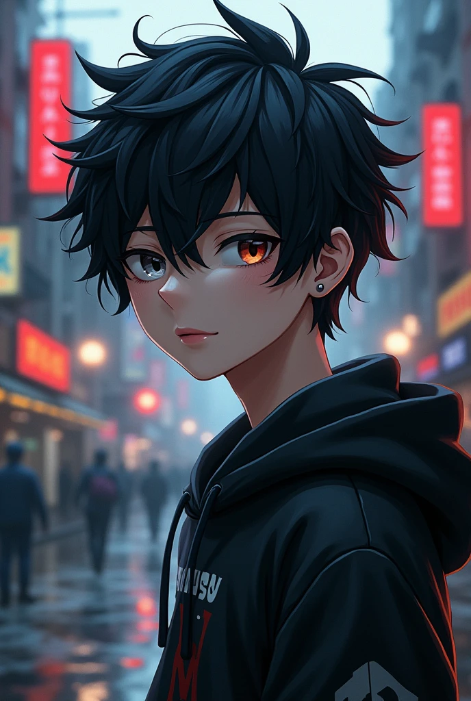 My hero academia

Chico,low, black and white hair, pale skin,heterochromia red and gray eye, hoodie ,lip piercing