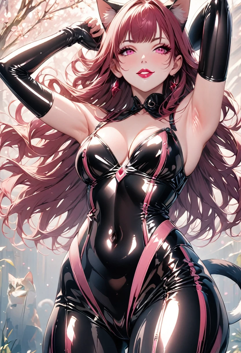 full body, armpit, armpit focus, smooth armpit, 1girl, maroon red hair,(shiny lipstick) (pink eyes), long hair, detailed face, cat ears, medium breasts, cleavage, long eyelashes, mature, (smirk, closed lips, big plump lips, eyeshadow) shiny skin, beautiful eyes,(detailed eyes, sharp eyes, clear pupils:0.8), blunt bangs, wispy bangs, latex, black latex clothes, slim body, flat stomach