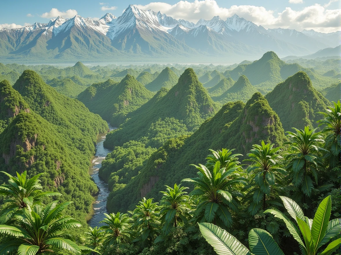 panoramic view, realistic landscape, Mysterious Hawaiian jungle of Jurassic Park in light fog. Snowy and rugged mountains in the background, (mountain glaciers), (dinosaurs in the jungle), (lush jungle and mysteries)