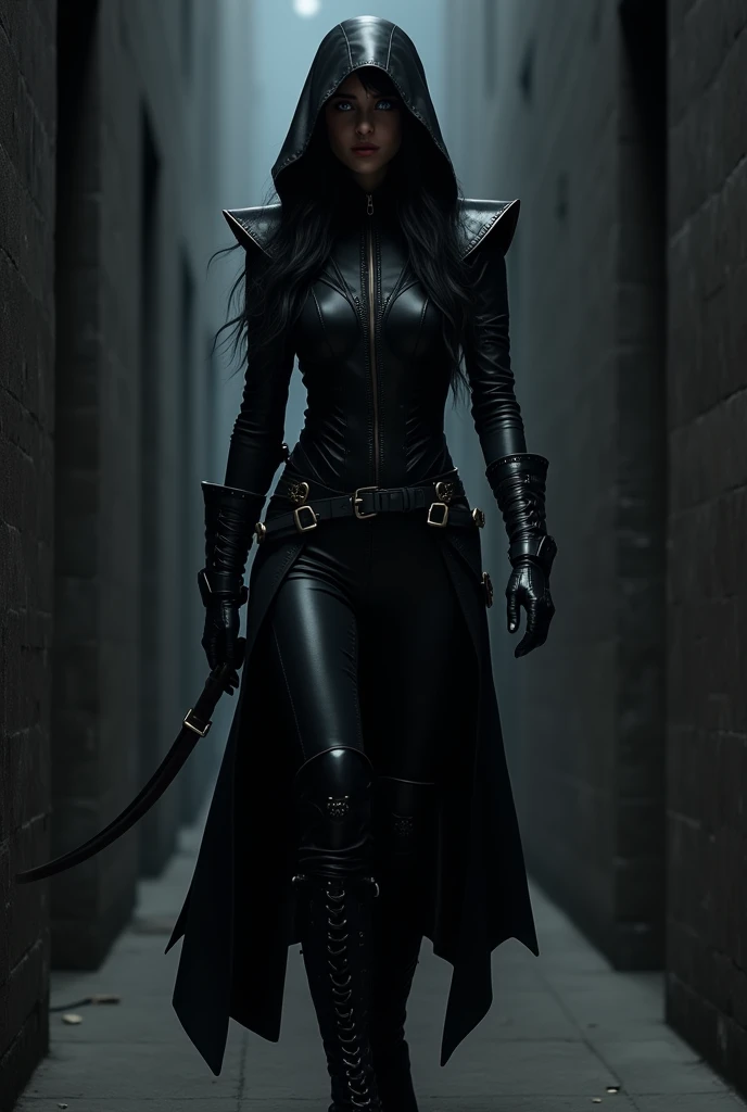 Dans l'ombre d'un couloir étroit, une silhouette se dévoile, aussi mystérieuse qu'intrigante. L'assassin, vraisemblablement une femme, est vêtue d'un ensemble qui allie élégance mortelle et fonctionnalité redoutable.
Sa tête est coiffée d'une capuche sombre et ample, dissimulant en partie son visage tout en laissant échapper de longues mèches de cheveux noirs qui dansent dans l'air comme des serpents d'ébène. Sous ce voile d'ombre, deux yeux percent l'obscurité, leur éclat violet trahissant une détermination sans faille.
Le corps est protégé par une armure de cuir noir, ajustée et articulée, permettant des mouvements fluides et silencieux. Des plaques métalliques renforcent stratégiquement les zones vitales, offrant une protection accrue sans compromettre l'agilité. Les épaules sont ornées de protections anguleuses, évoquant les ailes repliées d'un rapace nocturne.
Une série de sangles et de ceintures traversent le torse, servant à la fois d'ornement et de support pratique pour un arsenal varié. On y devine la présence de lames cachées, de fioles au contenu énigmatique, et d'autres outils du métier d'assassin.
Les jambes sont gainées de cuir souple mais résistant, parsemé de boucles et de lanières qui permettent de dissimuler davantage d'armes. Les bottes, montant jusqu'aux genoux, sont renforcées et munies de semelles silencieuses, idéales pour se faufiler dans l'ombre ou bondir sur une proie insouciante.
Un long manteau fendu complète la tenue, ses pans flottant comme des ailes sombres, prêts à envelopper leur propriétaire dans un linceul de nuit. L'ensemble dégage une aura de danger et de sophistication, parfaitement adapté à une vie passée dans l'ombre, à danser sur la fine lame entre la vie et la mort.