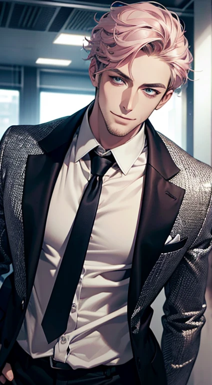 (best quality,4k,8k,highres,masterpiece:1.2),ultra-detailed,(realistic,photorealistic,photo-realistic:1.37),1 man,31 years old,mature man,very handsome,without expression,smile,short grey pink hair,blue eyes,penetrating gaze,perfect face without errors,imposing posture,businessman,office background,cinematic lighting,hdr image