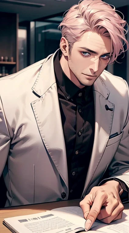 (best quality,4k,8k,highres,masterpiece:1.2),ultra-detailed,(realistic,photorealistic,photo-realistic:1.37),1 man,31 years old,mature man,very handsome,without expression,smile,short grey pink hair,blue eyes,penetrating gaze,perfect face without errors,imposing posture,businessman,office background,cinematic lighting,hdr image