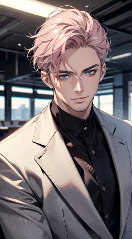 (best quality,4k,8k,highres,masterpiece:1.2),ultra-detailed,(realistic,photorealistic,photo-realistic:1.37),1 man,31 years old,mature man,very handsome,without expression,smile,short grey pink hair,blue eyes,penetrating gaze,perfect face without errors,imposing posture,businessman,office background,cinematic lighting,hdr image