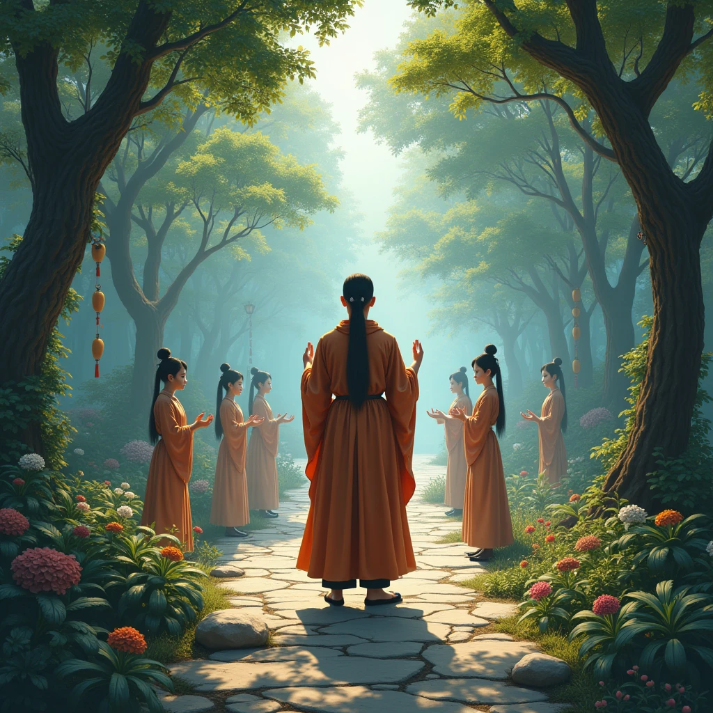 Priest in the shrine grounds、A fantastical scene of shrine maidens offering prayers
