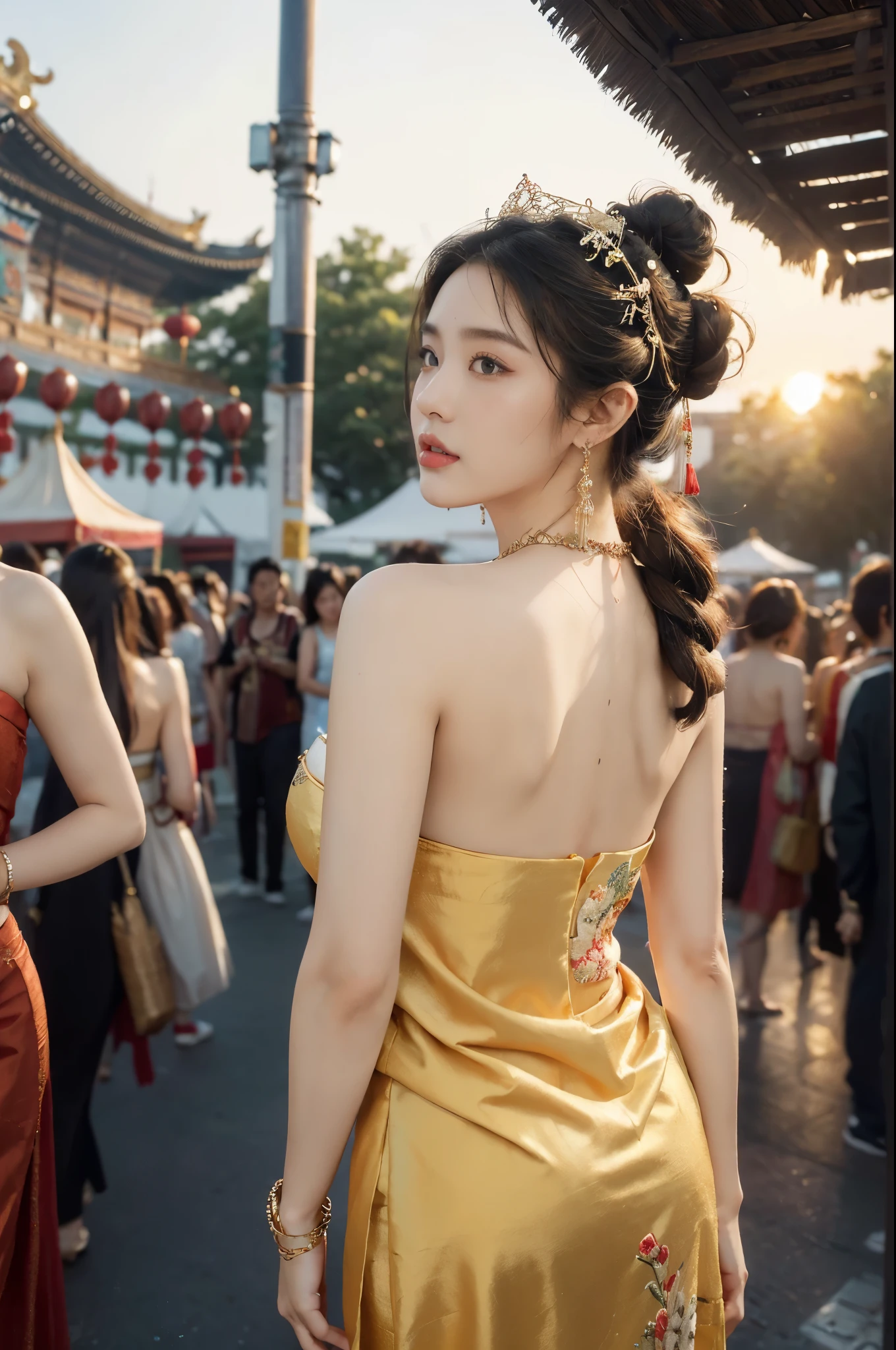 (((best quality))),(((ultra detailed))),(((masterpiece))),illustration,
((1 beautiful young girl,solo)),(bun hair:1.2)((slim,thin)),((small breasts,flat chest)),attractive, traditional Chinese attire,(Gorgeous and intricate headdress:1.3),((earrings,intricate necklace)),(strapless Exquisite embroidered maxi sleeveless sparkled dress:1.3),(standing:1.3),vibrant patterns, radiant complexion, joyful expression,(temple fair:1.3), bustling atmosphere, summer afternoon, sunny weather, cultural festival, street food, roasted skewers, steaming dumplings, sweet cotton candy, stalls, crafts, clothing, appreciative onlookers, sunset, ancient tradition, modern beauty, captivating scene, enchanting,(day scene:1.2),(surrounded by crowded crowds:1.3),((from back,upper body))