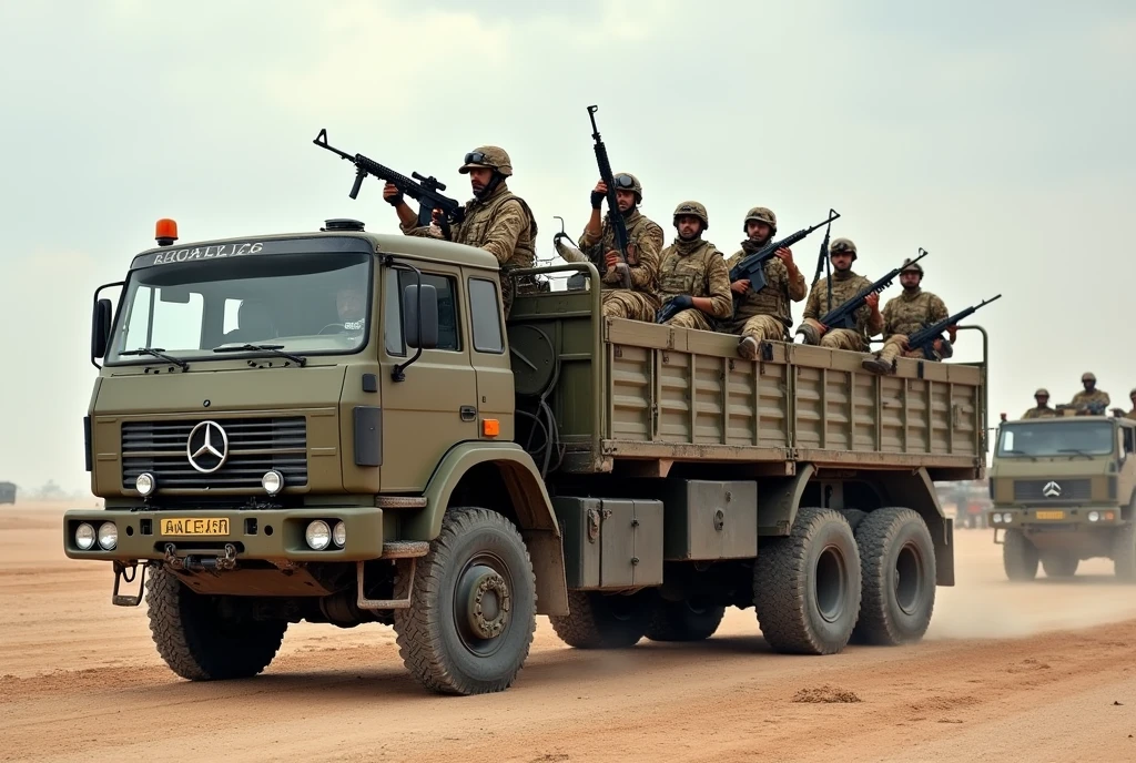 Alafed truck with guns on the back, Afghan fighters, French special forces, heavily armed, Taliban, Kurdish soldiers, heavily armored, military vehicles, military weapons, military equipment, trucks, camouflage clothing, special forces security, modern military equipment, carrying rifles, shoulder mounted guns, Chinese troops invading Iraq,